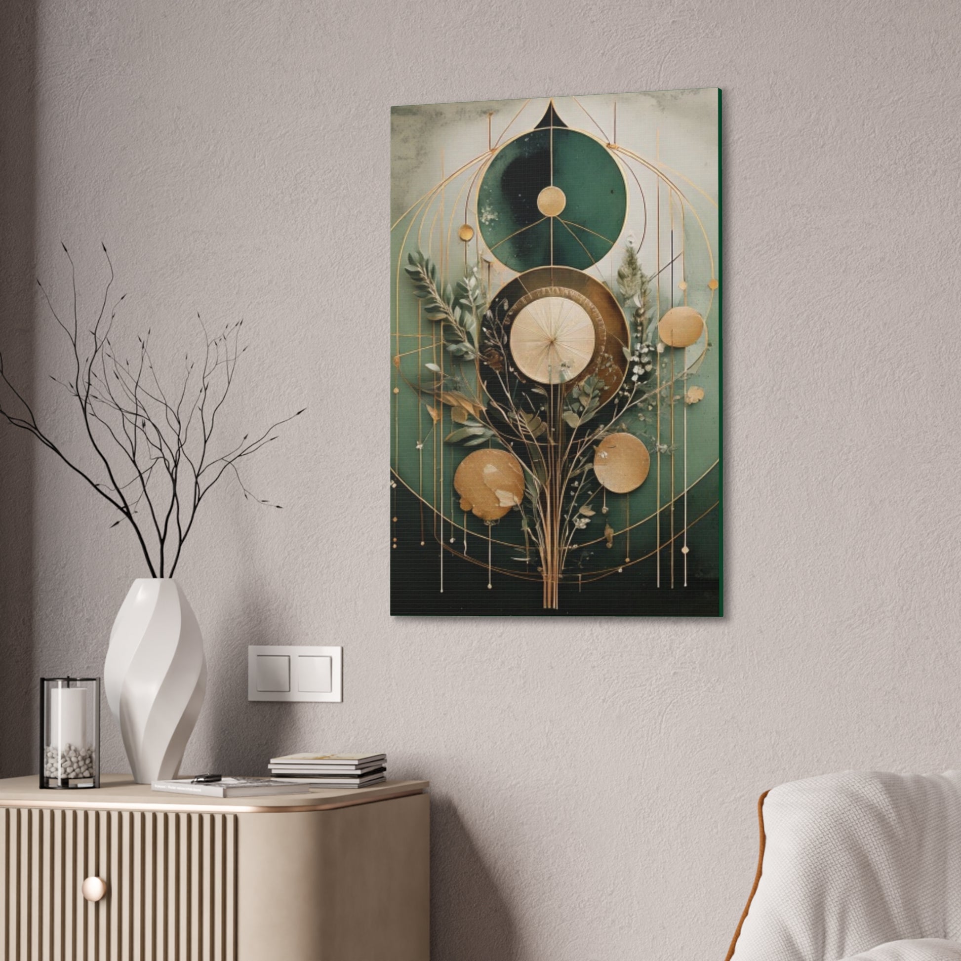 Bohemian Art Canvas, Green Abstract Wall Decor, Modern Home Aesthetic, Unique Gift for Art Lovers, Eco-Friendly Design