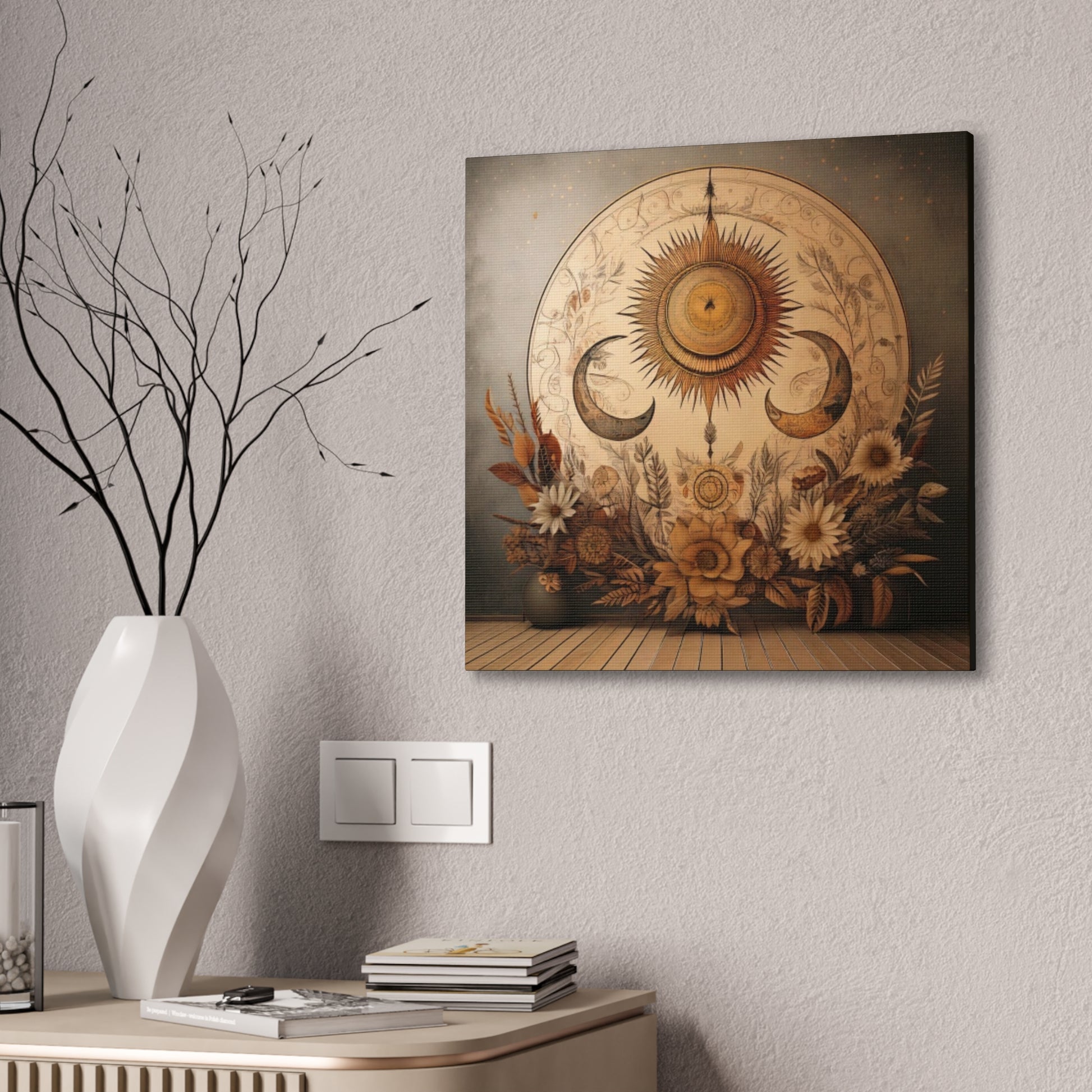Bohemian Sunset Canvas Art, Sun and Moon Wall Decor, Home Decoration, Gifts for Her, Bohemian Style Art