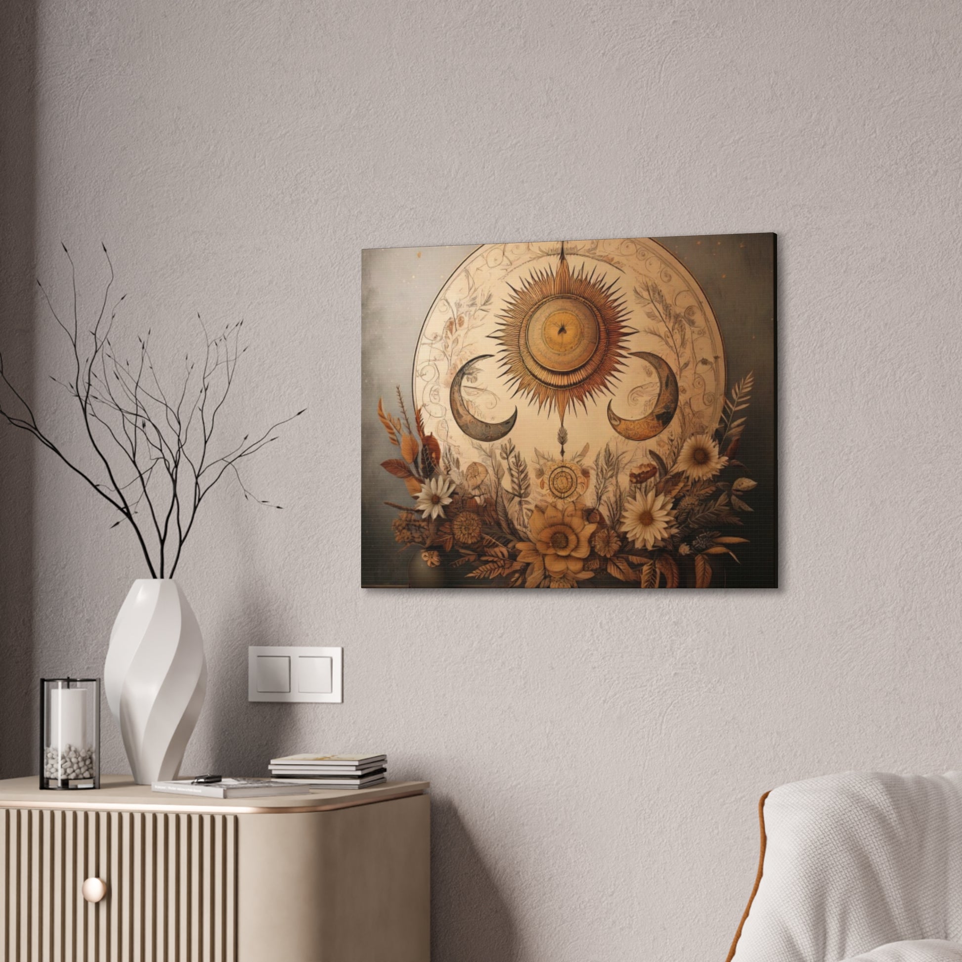 Bohemian Sunset Canvas Art, Sun and Moon Wall Decor, Home Decoration, Gifts for Her, Bohemian Style Art