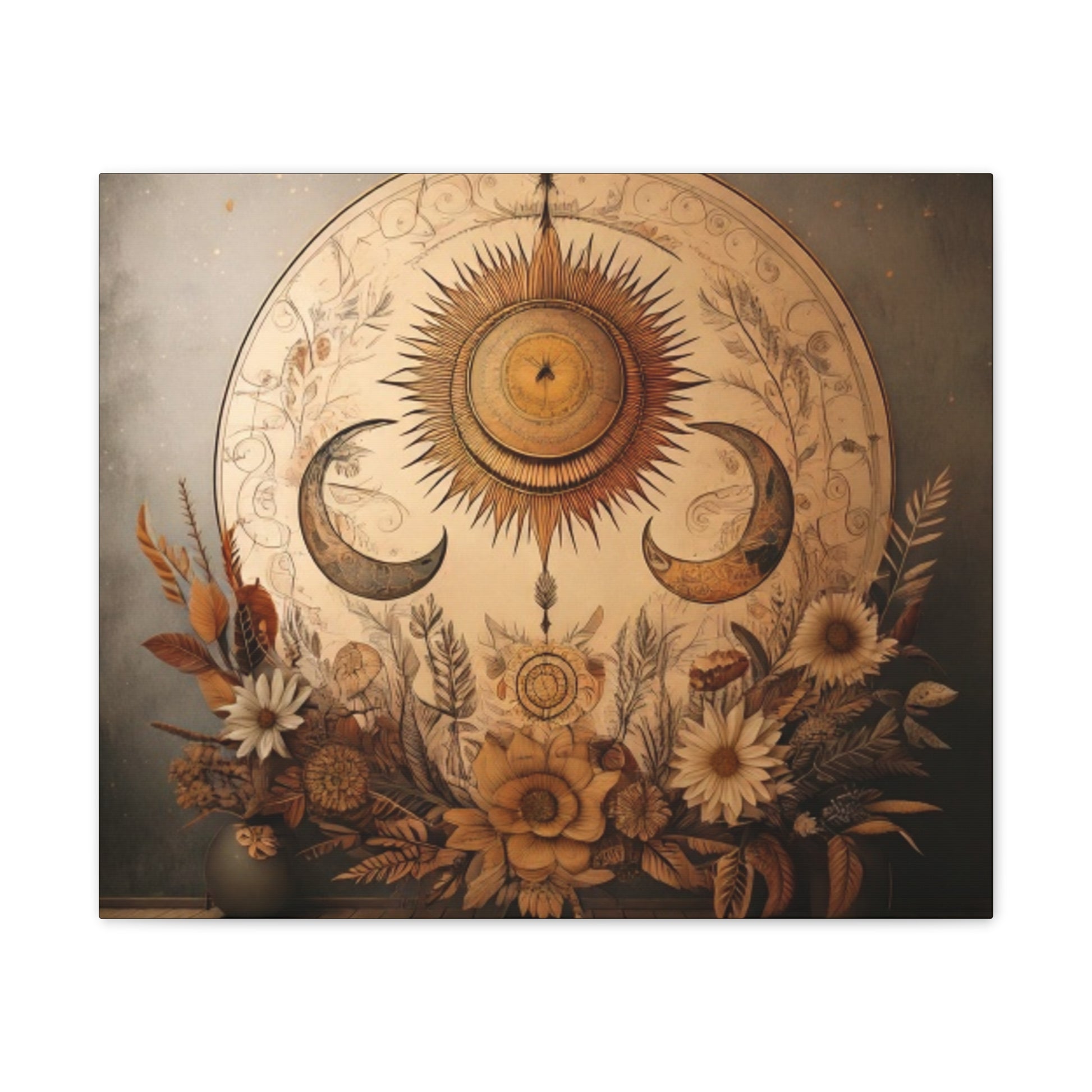 Bohemian Sunset Canvas Art, Sun and Moon Wall Decor, Home Decoration, Gifts for Her, Bohemian Style Art