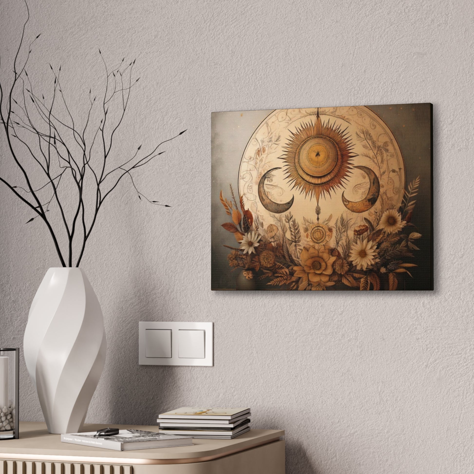 Bohemian Sunset Canvas Art, Sun and Moon Wall Decor, Home Decoration, Gifts for Her, Bohemian Style Art