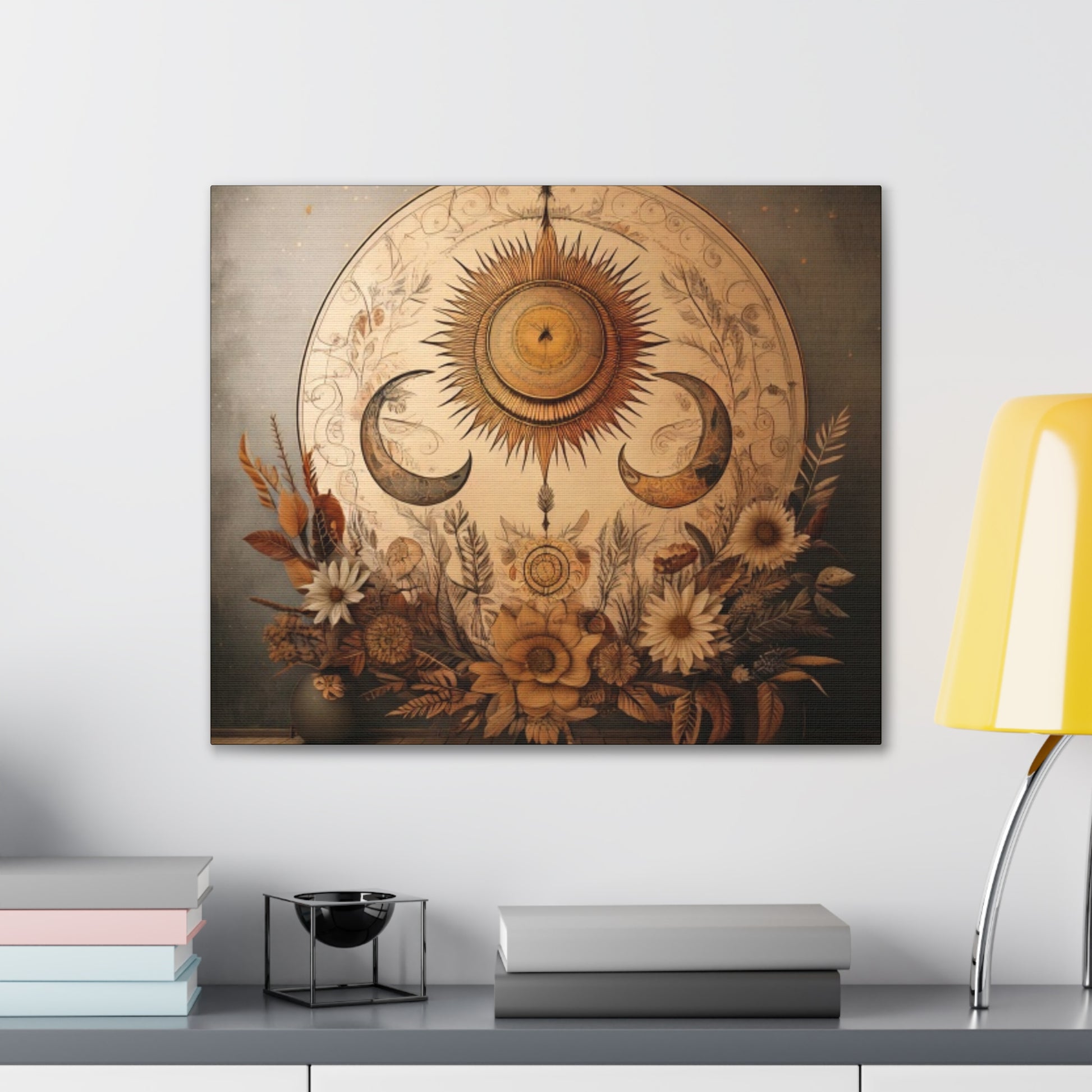 Bohemian Sunset Canvas Art, Sun and Moon Wall Decor, Home Decoration, Gifts for Her, Bohemian Style Art