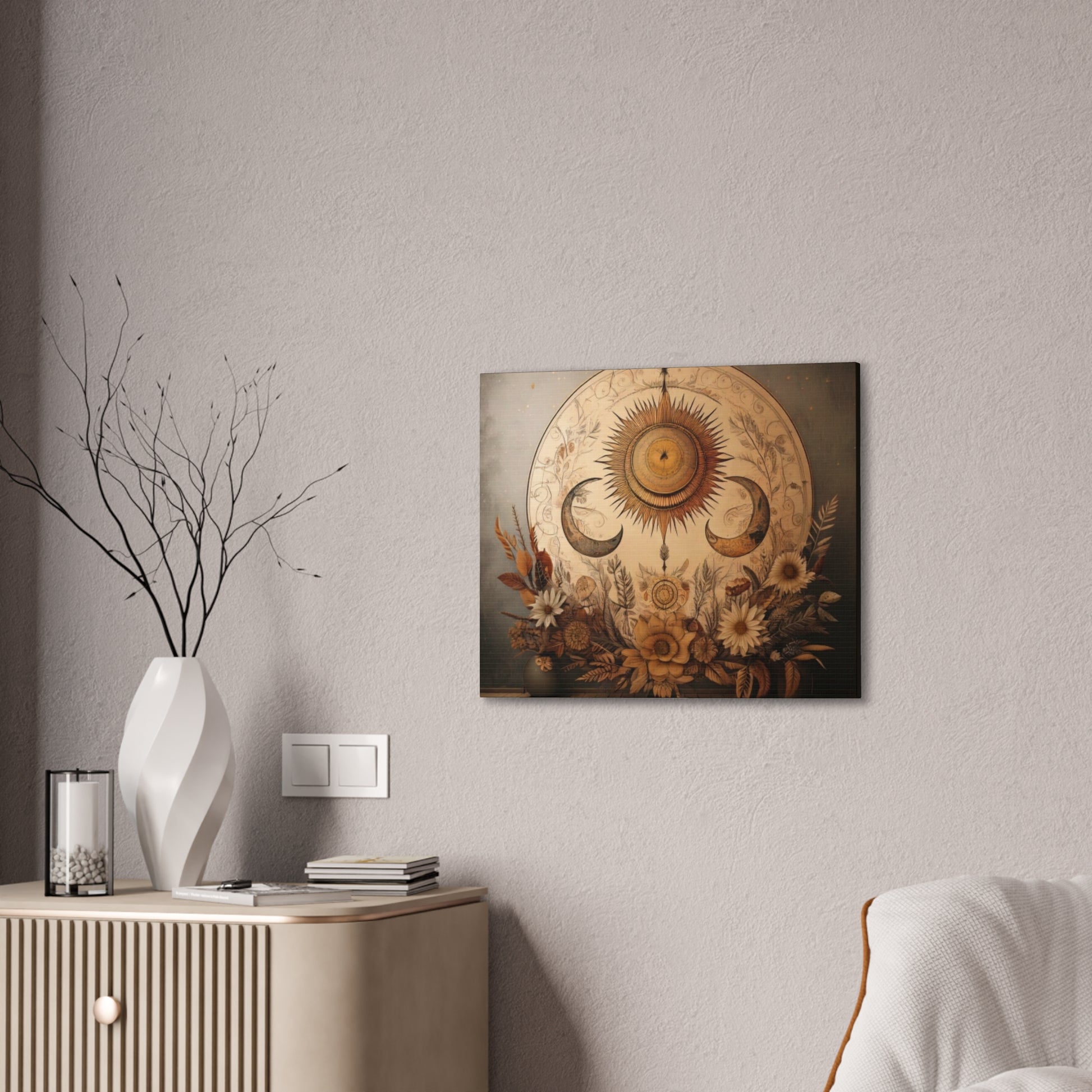Bohemian Sunset Canvas Art, Sun and Moon Wall Decor, Home Decoration, Gifts for Her, Bohemian Style Art