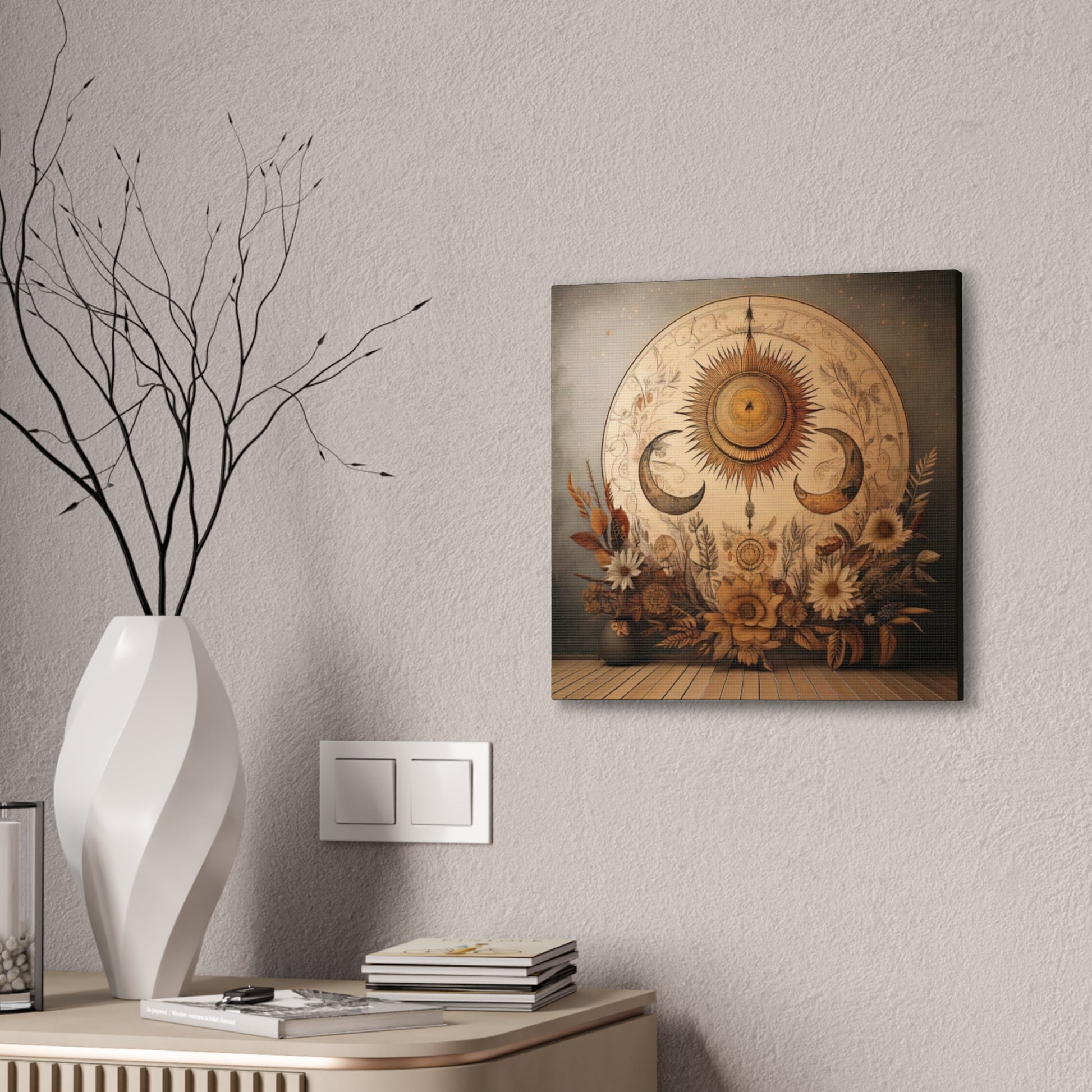 Bohemian Sunset Canvas Art, Sun and Moon Wall Decor, Home Decoration, Gifts for Her, Bohemian Style Art