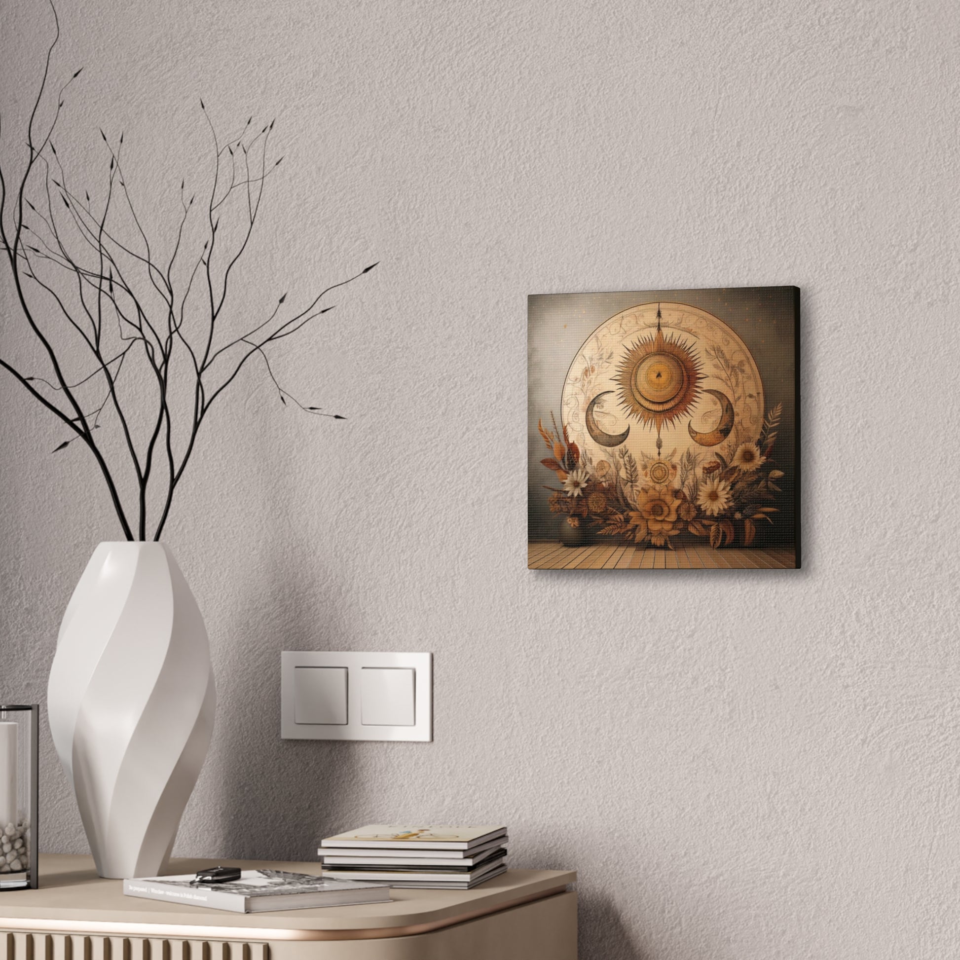 Bohemian Sunset Canvas Art, Sun and Moon Wall Decor, Home Decoration, Gifts for Her, Bohemian Style Art
