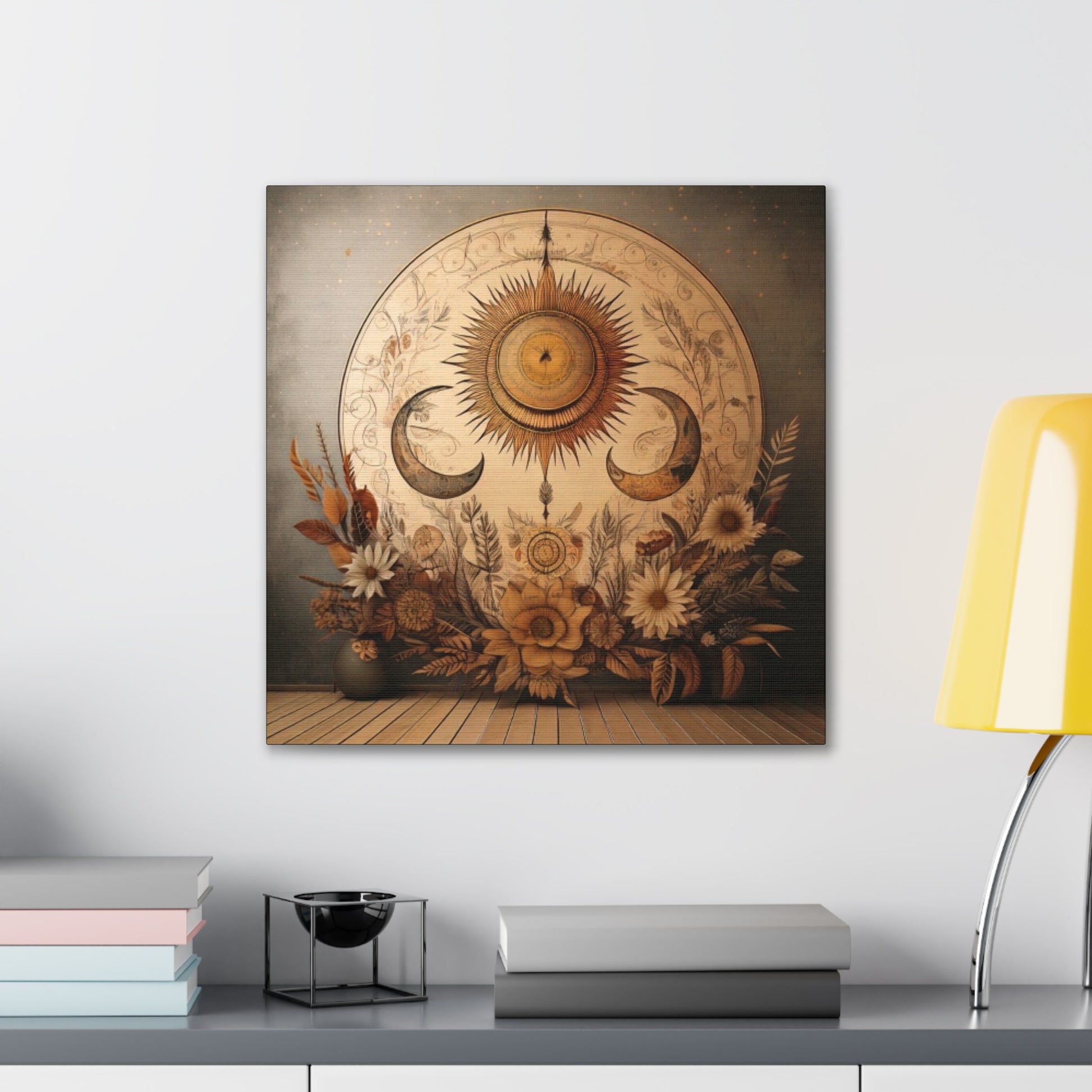 Bohemian Sunset Canvas Art, Sun and Moon Wall Decor, Home Decoration, Gifts for Her, Bohemian Style Art