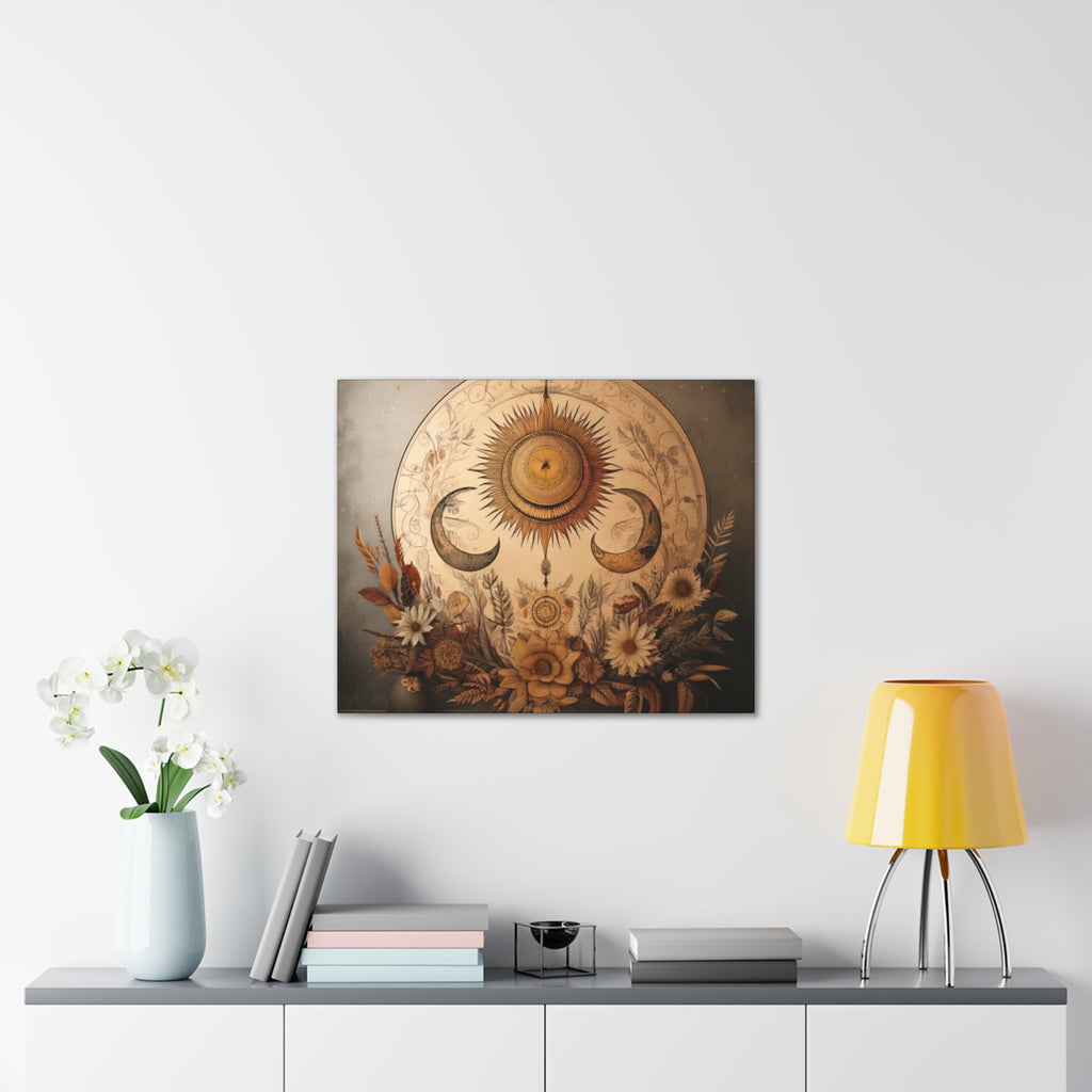 Bohemian Sunset Canvas Art, Sun and Moon Wall Decor, Home Decoration, Gifts for Her, Bohemian Style Art