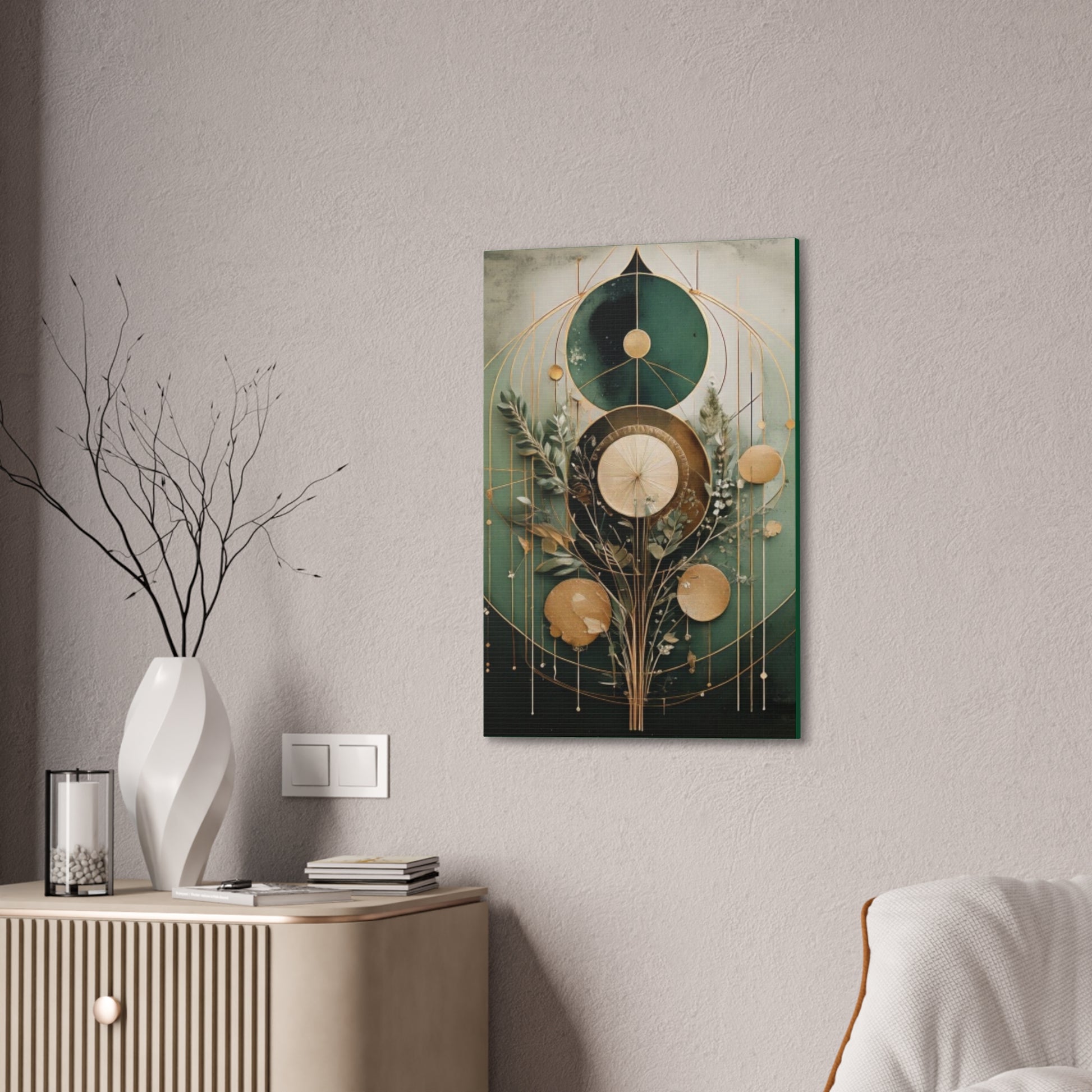 Bohemian Art Canvas, Green Abstract Wall Decor, Modern Home Aesthetic, Unique Gift for Art Lovers, Eco-Friendly Design